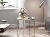 main image for ad Round side table with glass surface  side table round, glass table with golden metal frame, small coffee table, bedside table, coffee table, balcony, sturdy tempered glass, stable, decorative, gold