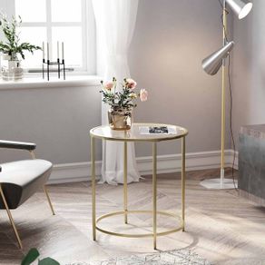 Round side table with glass surface  side table round, glass table with golden metal frame, small coffee table, bedside table, coffee table, balcony, sturdy tempered glass, stable, decorative, gold
