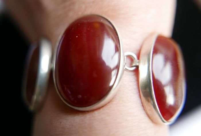Vintage Sterling Silver 925 Carnelian Link Bracelet with Toggle Clasp L-8,5"  51,28g