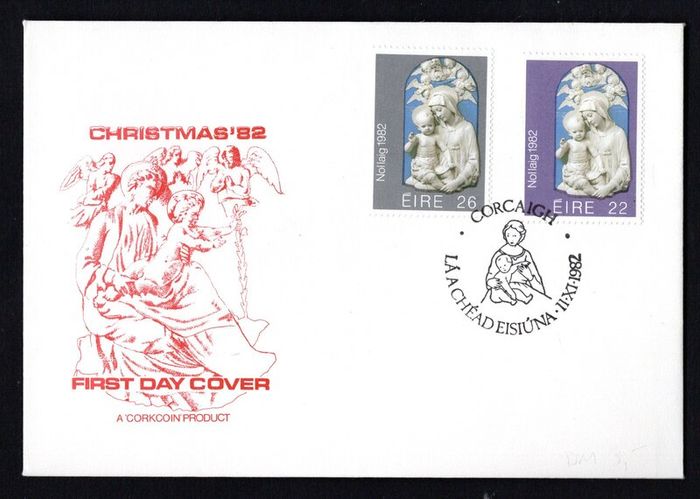 1982 Ireland Christmas Commemorative Stamps Corkcoin illustrated First Day Cover (FDC) with Corcaigh (Cork) pictorial cancel