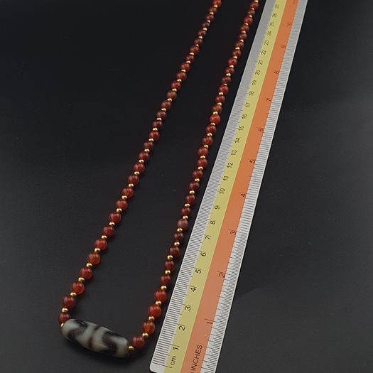 Antique Zigzag Tibetan Agate Pendant With Carnelian Beads Necklace