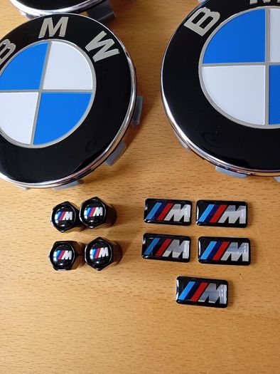 Brand New BMW Wheel Center Caps x4 + Msports Wheel Sticker's x5 + Msports Black Metal Dust Caps x4