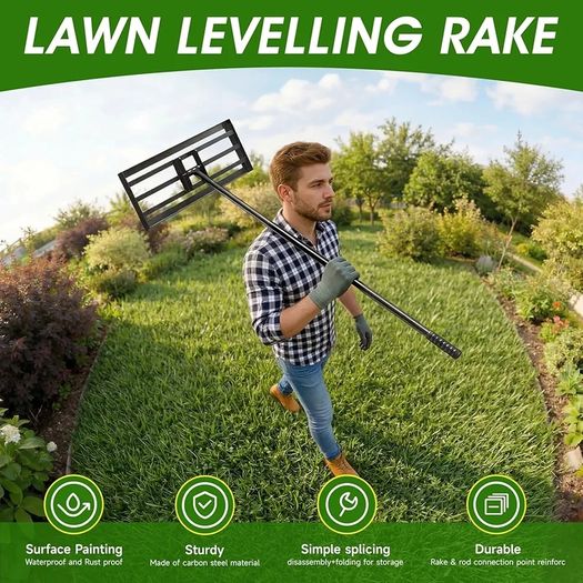 Lawn Leveling Rake Level Your Lawn 3X Faster, Perfect Weight Balance, Heavy Duty Gardening Tools with Adjustable Handle, Not Too Heavy, Not Too Small,Easy Soil & Sand Spreading for Garden Yard Golf