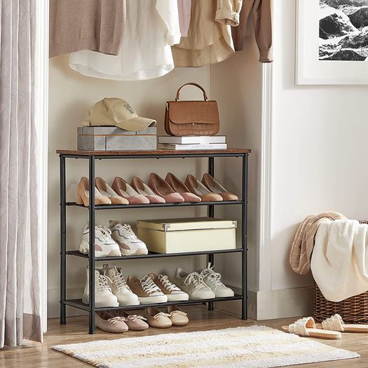 Shoe Rack 4 Tier Shoe Rack Narrow 3 Tier Polyester Fabric Metal Frame Hallway Entrance Industrial Design Vintage Brown/Black