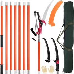 Manual Pole Saw, 7.3-27 ft Extendable Tree Pruner, Sharp Steel Blade and Scissors High Branches Trimming, Branch Trimmer with Lightweight 8 Fiberglass Handles