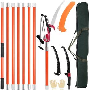 Manual Pole Saw, 7.3-27 ft Extendable Tree Pruner, Sharp Steel Blade and Scissors High Branches Trimming, Branch Trimmer with Lightweight 8 Fiberglass Handles