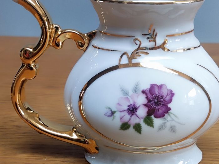 Vintage Karlovy Porcelain Mineral Water Sipping Straw Handle Cup Purple Flowers