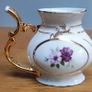 Vintage Karlovy Porcelain Mineral Water Sipping Straw Handle Cup Purple Flowers Image 2