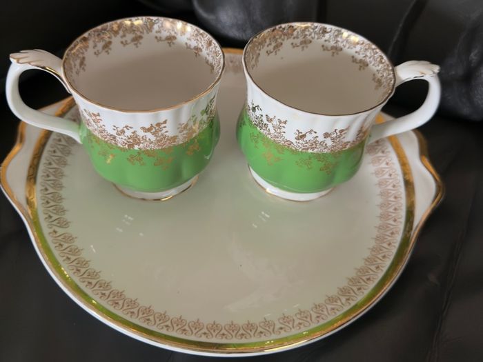 Vintage Royal Albert Regal Series bone china teacups in green with gold floral filigree