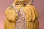Antique German Porcelain Dresser Doll Madame Pompadour Trinket Powder Box Lady with Fan Yellow Crino
