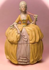 Antique German Porcelain Dresser Doll Madame Pompadour Trinket Powder Box Lady with Fan Yellow Crino