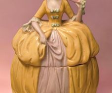 Antique German Porcelain Dresser Doll Madame Pompadour Trinket Powder Box Lady with Fan Yellow Crino