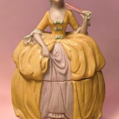 Antique German Porcelain Dresser Doll Madame Pompadour Trinket Powder Box Lady with Fan Yellow Crino