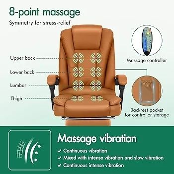 Executive Office Chair with 8 Point Massage & Seat Heated, Home PC Gaming Chairs with Footrest, High Back 150 Reclining Executive Desk Chair with Padded Armrest, PU Leather, Brown