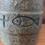 Stunning and Rare Vintage Mid Century West Germany Pottery Lidded and Single-Handled Decanter Bottle in Olive Green with Fish and Cross Symbols by Streuler, Pre 1960's Image 10