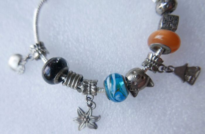 Vintage 925 Silver Charm Bracelet with Murano Glass Beads , Colorful Handmade Silver Bead Bracelet
