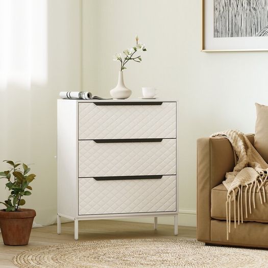 Chest of Drawers, Dresser with 3 Fabric Drawers and Aluminium Handles - White