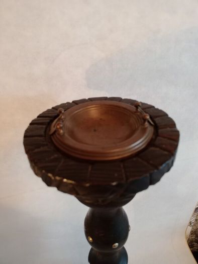 Vintage Hand Carved Wood Floor Ashtray. Brass Insert.