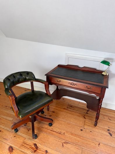 Beautiful Writing Desk and Green Chesterfield Captains Chair