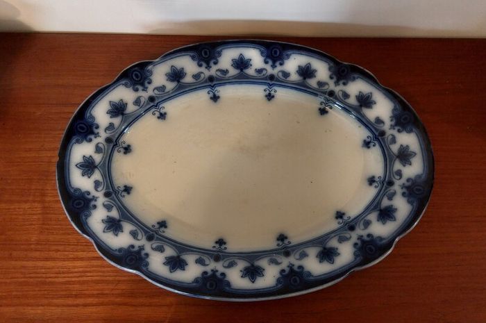 Fabulous Pair of Antique Flow Blue Victorian Graduated Platters, "Dudley" Pattern, by Ford & Sons, Burslem, Stoke-on-Trent, Circa 1893-1908, Perfect for Display