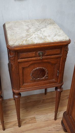 Pair of Antique French Oak Marble-Top Bedside Cabinets