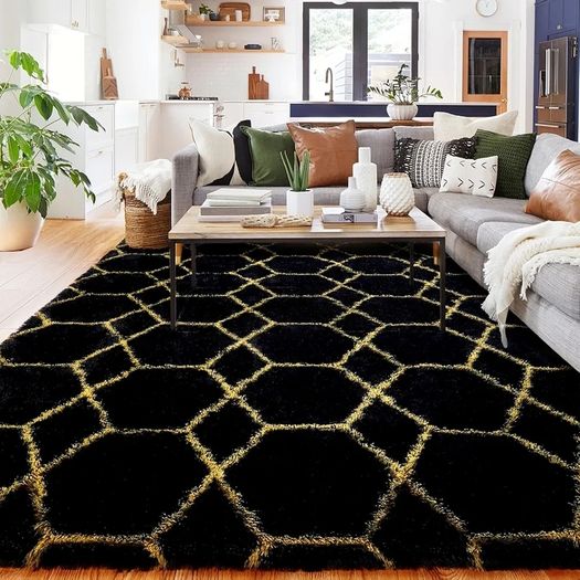 Geometric Rug for Bedroom, 90x150 Black and Gold Living Room Area Rugs for Kids Baby Room, Nursery, Dorm, Lounge Decor, Thick Soft Fluffy Plush Small Non-slip Floor Carpet