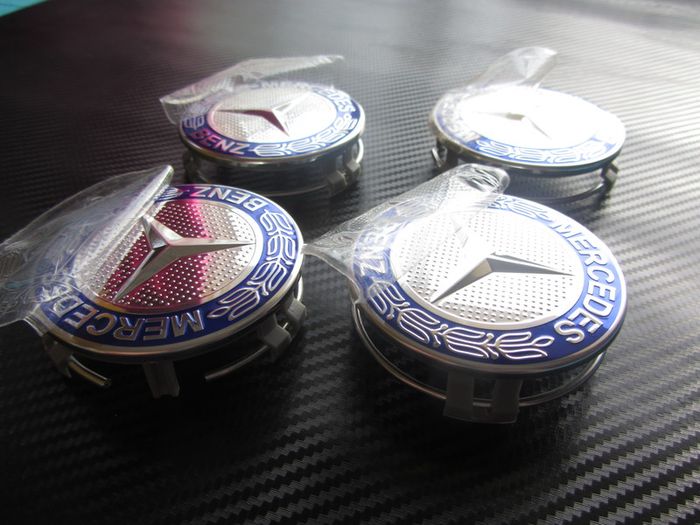 Mercedes Benz Classic 75mm Chrome / Blue 4 x Wheel Center Caps Cap Hub