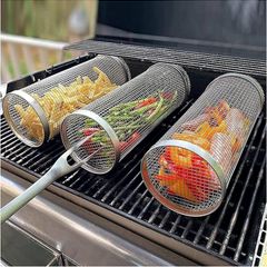 BBQ Net Tube - Rolling Grilling Basket, Greatest Grilling Basket Ever, Stainless Steel Wire Mesh Cylinder Grill Basket, Portable Outdoor Camping Non-stick Barbecue Bag for Fish Vegetable