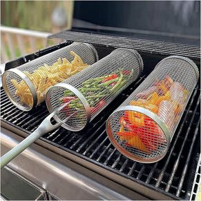 BBQ Net Tube - Rolling Grilling Basket, Greatest Grilling Basket Ever, Stainless Steel Wire Mesh Cylinder Grill Basket, Portable Outdoor Camping Non-stick Barbecue Bag for Fish Vegetable
