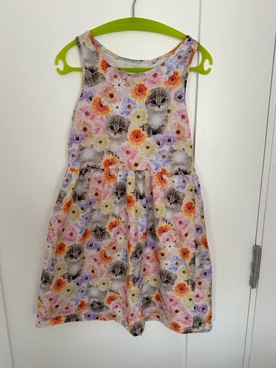 Cute kitty cat summer dress for a girl, 122/128, 6-8 years