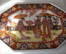 Large Oriental Octagonal Charger Platter Hand Decorated 14inches 1928