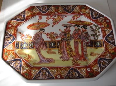 Large Oriental Octagonal Charger Platter Hand Decorated 14inches 1928