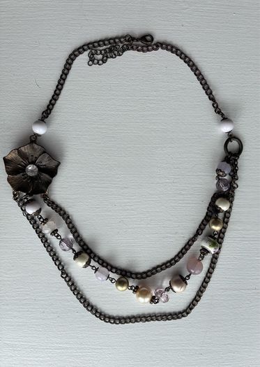 Vintage-bronze chain adorned with faux pearls and pastel beads