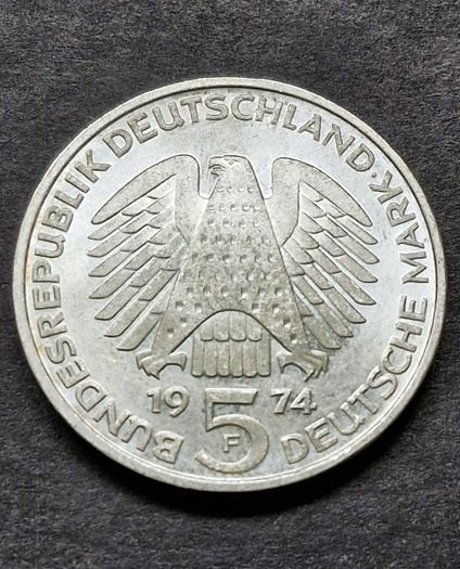 1974 F Germany 5 Mark Silver unc coin, 25th Anniversary of the federal Constitutional Law