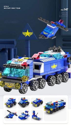 6IN1 Building Blocks City Fire Car Police Truck Engineering Crane Tank Helicopter Bricks Set Toys Works with Lego  for Children Kids