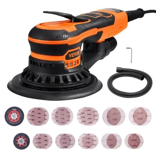 Random Orbital Sander 5 & 6-Inch, 350W Brushless Orbital Sander, 10,000 PRM 6 Variable Speed Electric Palm Sander with 20PCS Sandpapers, Dust Connector & Hose for Woodworking Detailing Sanding