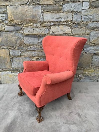 A pair of Chippendale Revival Country House wingback armchairs on Ball & Claw feet.