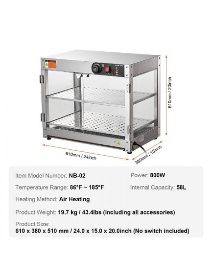 800W Food Warmer Display Cabinet 201 stainless steel 2 Tiers Hot Cabinet for Fast-food Restaurants, Breakfast Shops