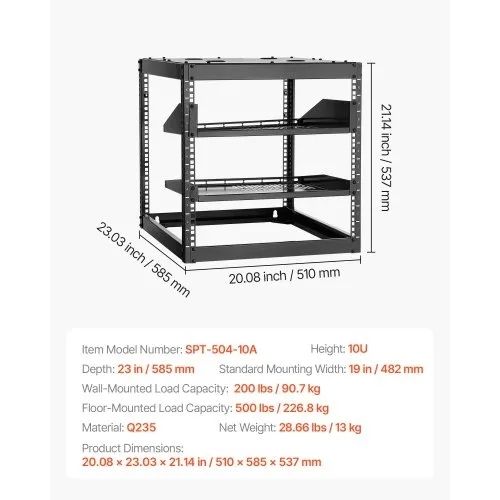 10U Open Frame Network Rack, 585 mm Depth, Wall Mounted or Floor Standing Server Rack, Heavy Duty 4 Post, with Vented Shelves & Mounting Hardware