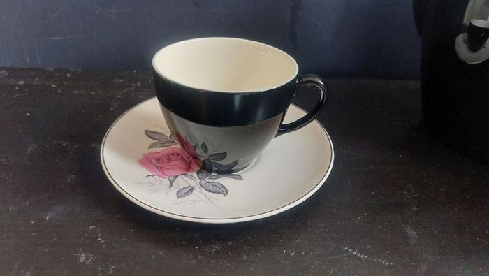 Stunning Vintage MCM 1950's Coffee Set for Six, Including Coffee Pot, by Johnson Bros, in Black and Cream with Pink Rose Detailing and Platinum Gilt Design