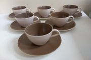 Set of Six Vintage MCM Poole Pottery Twintone Wide Teacup Duos All in Colourway C54, Sepia and Mushroom- Four Duos Streamline Handles, Two Duos Contour Handles - Various Backstamps from the 1950's and 1960's