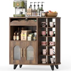 Kitchen Storage Cupboard with Mug Holder Display, Kitchen Sideboard with Drawers & Double Doors, Pantry Cabinet Unit Perfect for Coffee Station, Living Room Buffet & Home Drinks Bar  Brown