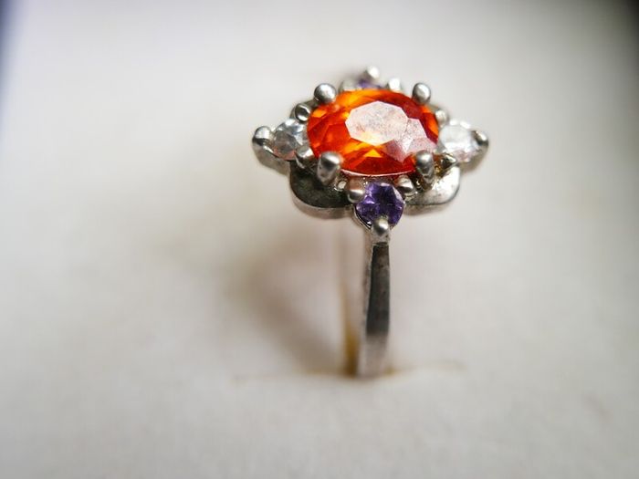 Vintage 925 Sterling Silver Ring with Central Orange Stone and Accent Stones