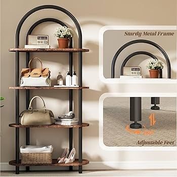 4-Tier Arched Bookshelf, Bookcase with Metal Frame and Wooden Shelves, 165.5cm Tall Floor Standing Book Shelf, Storage Shelves for Living Room, Study, Office, 80x30x165.5cm(Rustic Brown)