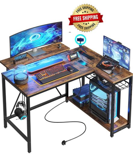 106.5CM L-Shaped Desk with 3 Power Outlets, 2 USB Ports & LED Strip Lights, Reversible Corner Workstation with Shelves & Hooks for Office & Gaming