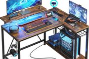 106.5CM L-Shaped Desk with 3 Power Outlets, 2 USB Ports &amp; LED Strip Lights, Reversible Corner Workstation with Shelves &amp; Hooks for Office &amp; Gaming