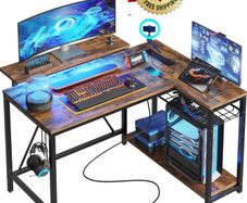 106.5CM L-Shaped Desk with 3 Power Outlets, 2 USB Ports & LED Strip Lights, Reversible Corner Workstation with Shelves & Hooks for Office & Gaming