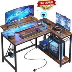 106.5CM L-Shaped Desk with 3 Power Outlets, 2 USB Ports & LED Strip Lights, Reversible Corner Workstation with Shelves & Hooks for Office & Gaming