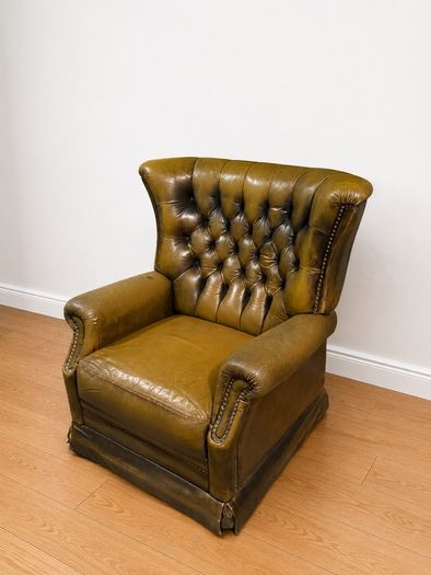 Vintage Leather Chesterfield Wingback Armchair Genuine Leather