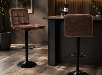 Set of 2 Height Adjustable Bar Stools  Vintage Brown Faux Leather Breakfast Bar Chairs with Backrest & Footrest